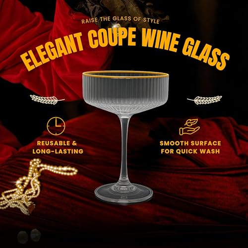 TAGROCK Gold Rim Lining Coupe Martini Glass for Mocktail, Cocktail and Wine Also Used for Dessert Pudding Cups Ribbed Design, 230ml - Set of 2 - Image 4
