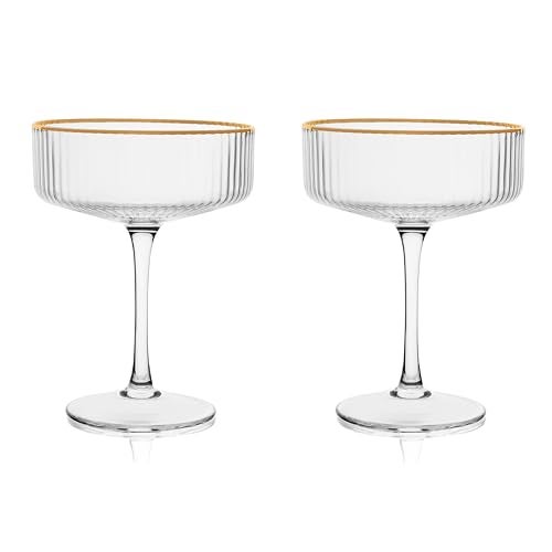 TAGROCK Gold Rim Lining Coupe Martini Glass for Mocktail, Cocktail and Wine Also Used for Dessert Pudding Cups Ribbed Design, 230ml - Set of 2 - Image 1