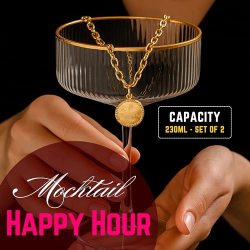 TAGROCK Gold Rim Lining Coupe Martini Glass for Mocktail, Cocktail and Wine Also Used for Dessert Pudding Cups Ribbed Design, 230ml - Set of 2 - Image 5