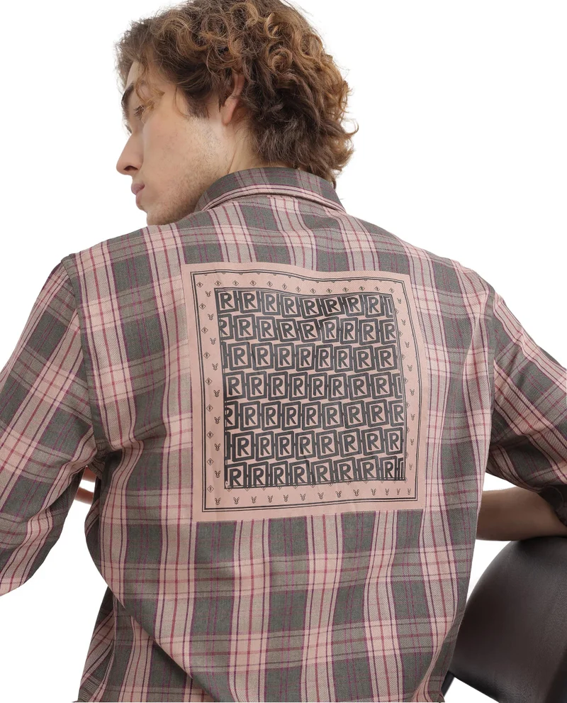 Rare Rabbit Rare Rabbit Men's Zamb Olive Cotton Fabric Full Sleeve Oversized Fit Graphic Back Print Checks Shirt