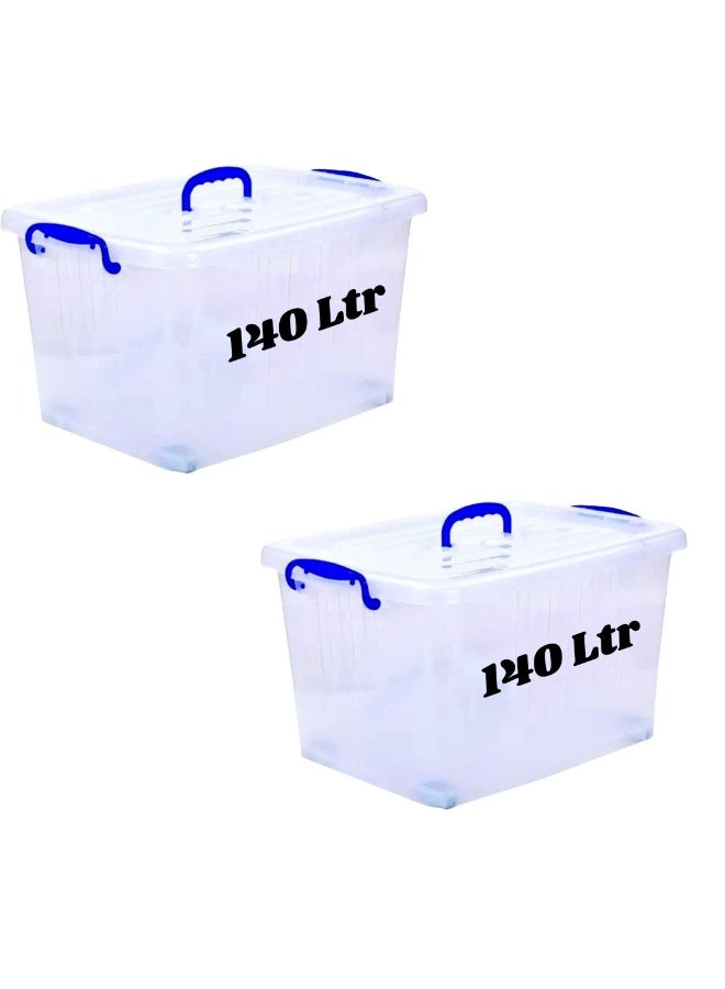 مجموعة صناديق تخزين بلاستيكية شفافة من قطعتين من HIWARE سعة 140 لترًا مع أغطية قابلة للقفل | حاويات تنظيم شفافة للملابس والألعاب والأدوات والفنون والحرف اليدوية | حل تخزين قابل للتكديس مع مقابض (2 × 140 لترًا)
