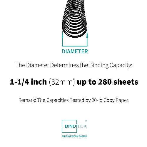Binditek 50 Pack Plastic Spiral Binding Coils, 32mm (1-1/4"), 280 Sheet Capacity, 4:1 Pitch, Black, 48 Loops, for Letter Size, for Students and Coworkers - Image 2