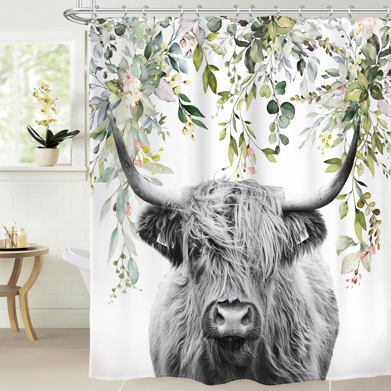 AMBZEK Highland Cow Shower Curtain 72Wx72L Inch Farmhouse Rustic Funny Bull Eucalyptus Leaves Plants Western Country Artwork Cloth Fabric Waterproof Polyester Bathroom Decor Set with 12 Pack Hooks