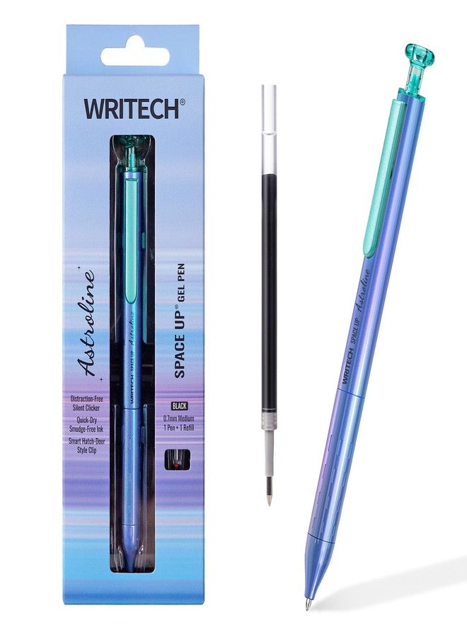 WRITECH قلم حبر جاف WRITECH ذو رأس رفيع: قلم Space Up Astroline ذو جسم معدني 0.7 مم، حبر أسود قابل للسحب، عبوة واحدة مع عبوة إعادة تعبئة واحدة، زر ضغط صامت، كتابة سلسة بدون تلطيخ (أزرق) - Image 1