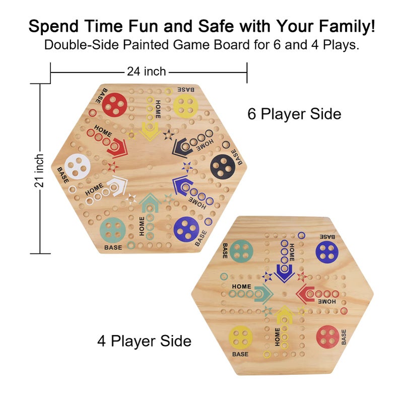MUCITAGF Original Marble Game Wahoo Board Game 24-Inch Double Side Painted Wooden Fast Track Board Game for 6 Player and 4 Player, 6 Colors 36 Glass Marbles 8 Dice for Family Game Night, Friends Party - Image 2
