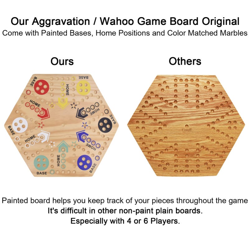 MUCITAGF Original Marble Game Wahoo Board Game 24-Inch Double Side Painted Wooden Fast Track Board Game for 6 Player and 4 Player, 6 Colors 36 Glass Marbles 8 Dice for Family Game Night, Friends Party - Image 3