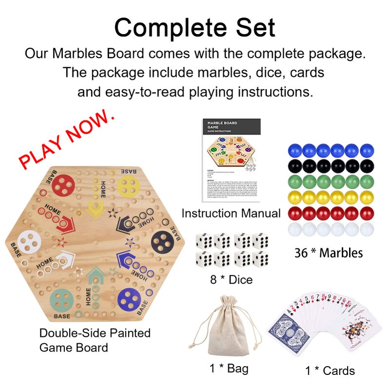 MUCITAGF Original Marble Game Wahoo Board Game 24-Inch Double Side Painted Wooden Fast Track Board Game for 6 Player and 4 Player, 6 Colors 36 Glass Marbles 8 Dice for Family Game Night, Friends Party - Image 4
