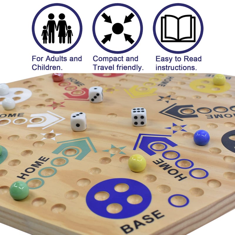 MUCITAGF Original Marble Game Wahoo Board Game 24-Inch Double Side Painted Wooden Fast Track Board Game for 6 Player and 4 Player, 6 Colors 36 Glass Marbles 8 Dice for Family Game Night, Friends Party - Image 5
