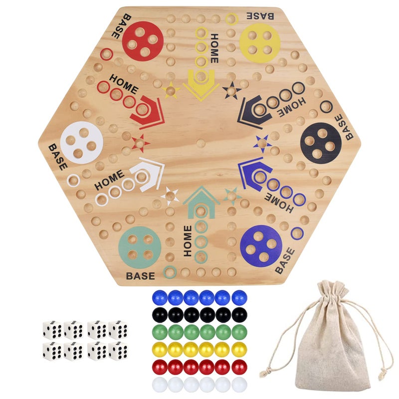 MUCITAGF Original Marble Game Wahoo Board Game 24-Inch Double Side Painted Wooden Fast Track Board Game for 6 Player and 4 Player, 6 Colors 36 Glass Marbles 8 Dice for Family Game Night, Friends Party - Image 1