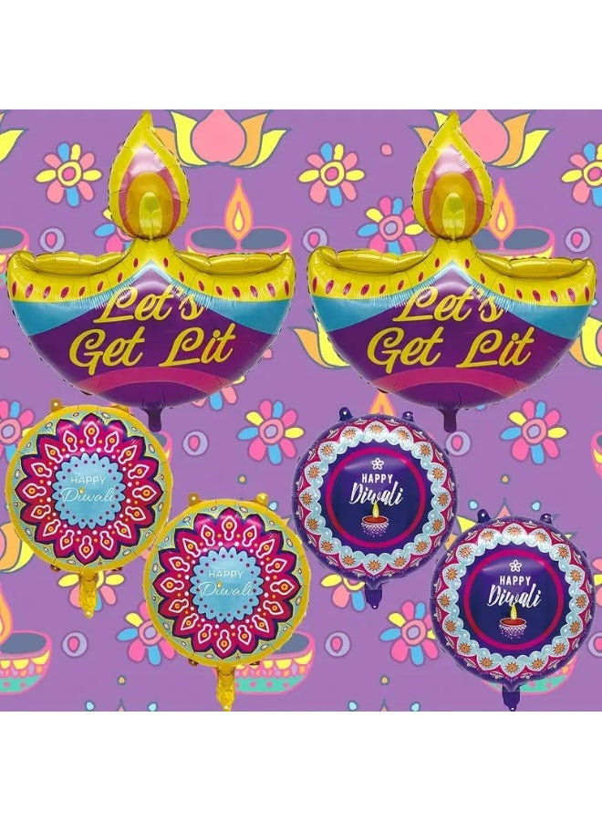 KANDiD Diwali Festival Foil Balloons, Stickers, Paper Napkins and Wrapping Paper Get Lit Design, Multi-Colour Celebration Decorations, Set of 12 (6pcs Diwali Decorations Balloons) - Image 2