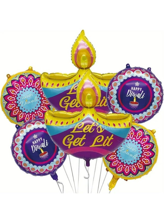 KANDiD Diwali Festival Foil Balloons, Stickers, Paper Napkins and Wrapping Paper Get Lit Design, Multi-Colour Celebration Decorations, Set of 12 (6pcs Diwali Decorations Balloons) - Image 1