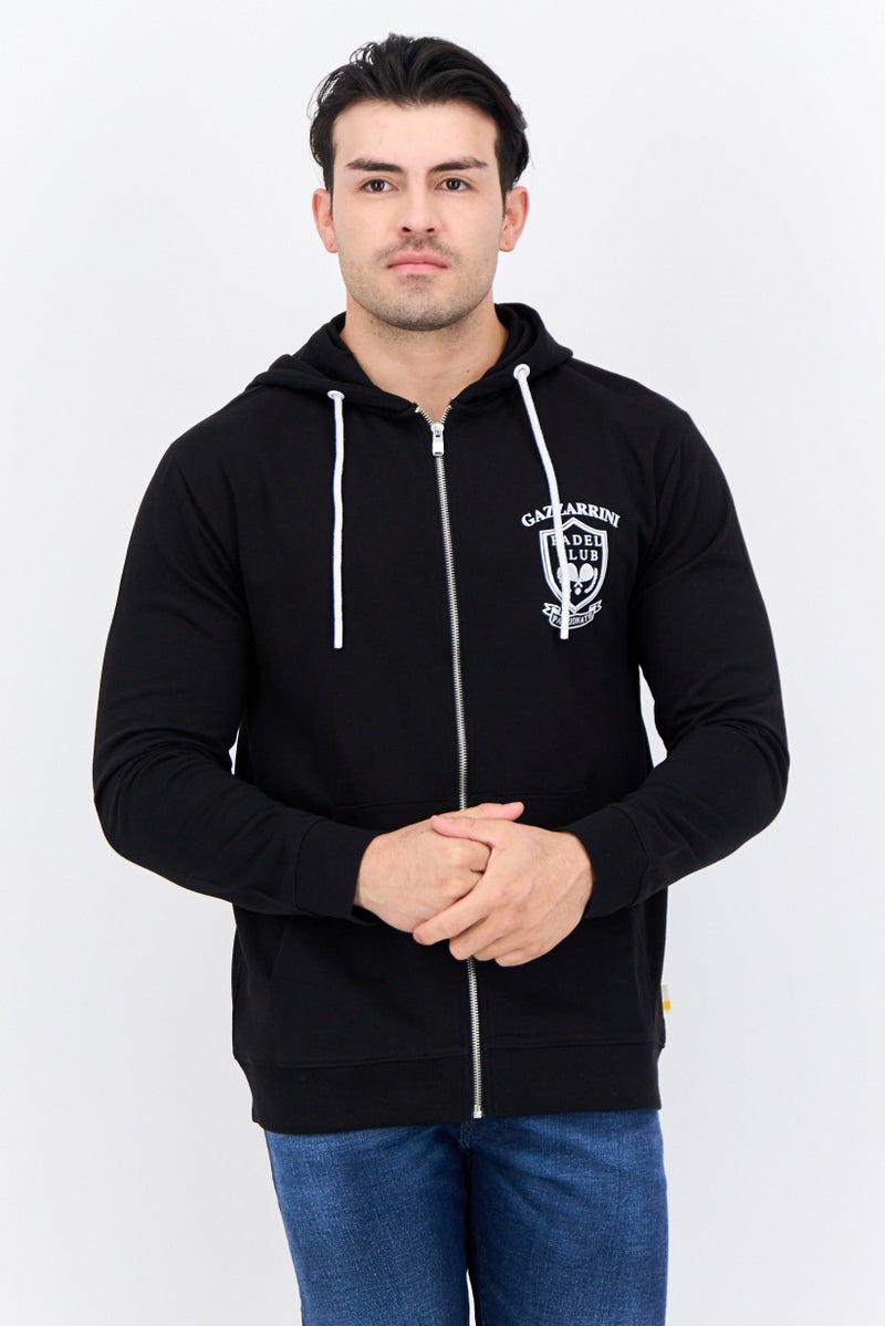 Gazzarrini سويت شيرت رجالي بأكمام طويلة مع غطاء رأس وطباعة جرافيك، أسود - Image 1