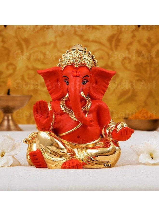 Gold Art India Resin Gaddi Ganesha 3X3, Gold Orange 1 Piece Ganesh Idol for Car Dashboard Small Ganesha Murti Ganpati Idol for Home Decor Puja Lord Ganesh Statue Gift for Office Desk Puja Room - Image 1