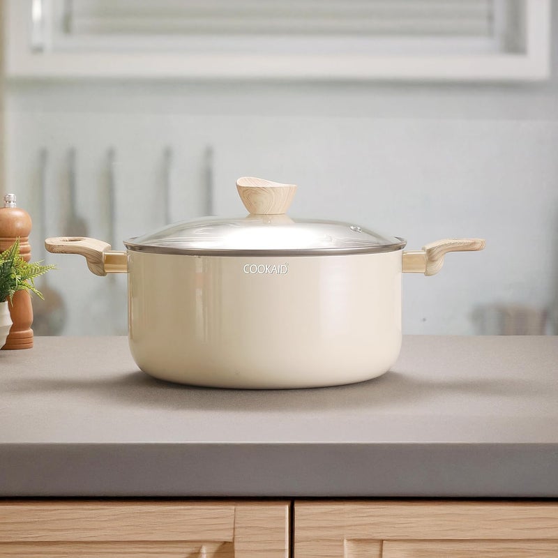 COOKAID Neo Glide Series Non Stick PTFE Casserole 22 cm with Glass Lid| Aluminium Body| Non Stick PTFE| Gas & Induction Compatible| ISI Certified | Cream - Image 1