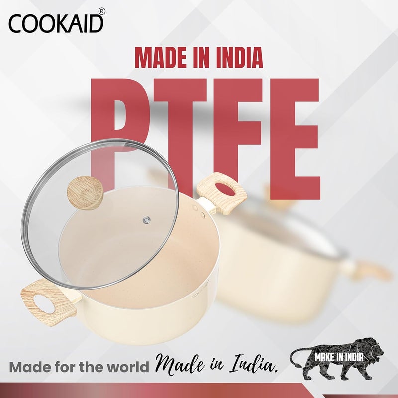 COOKAID Neo Glide Series Non Stick PTFE Casserole 22 cm with Glass Lid| Aluminium Body| Non Stick PTFE| Gas & Induction Compatible| ISI Certified | Cream - Image 5