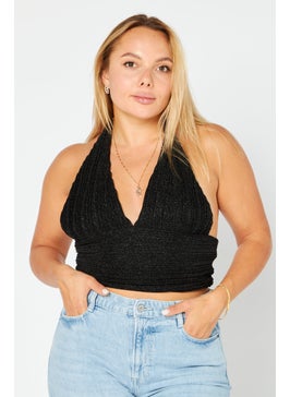 NA-KD Women Halter Neck Sleeveless Glitter Crop Top , Black  - Image 1