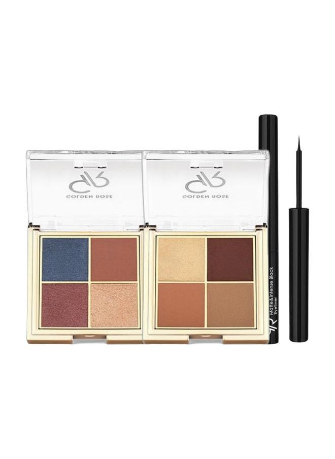 Golden Rose Quattro Eyeshadow Palette 06 SUNSET DATE + Quattro Eyeshadow Palette 03 BLUE CHARMS + Smart Liner Matte & Intense Black  - Image 1