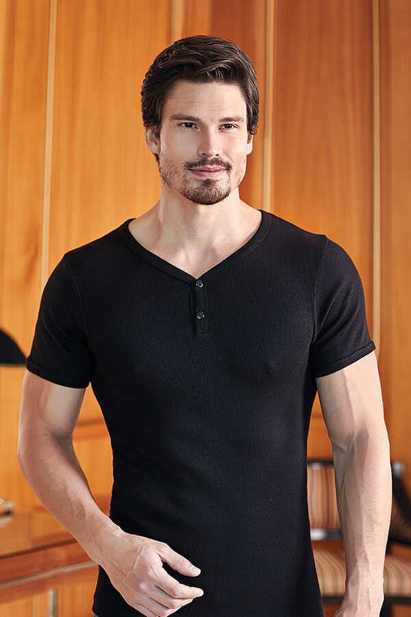 Berrak Clear V-Neck Buttoned Camisole Male Athlete - 1045-BLACK 