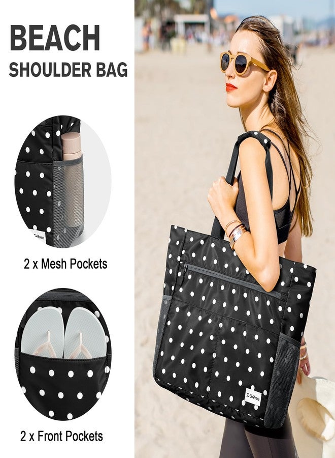 جي4فري حقيبة شاطئ G4Free، حقيبة حمل شاطئية مقاومة للماء والرمل، قابلة للطي بسعة كبيرة للنساء، بنقاط سوداء وبيضاء - Image 4