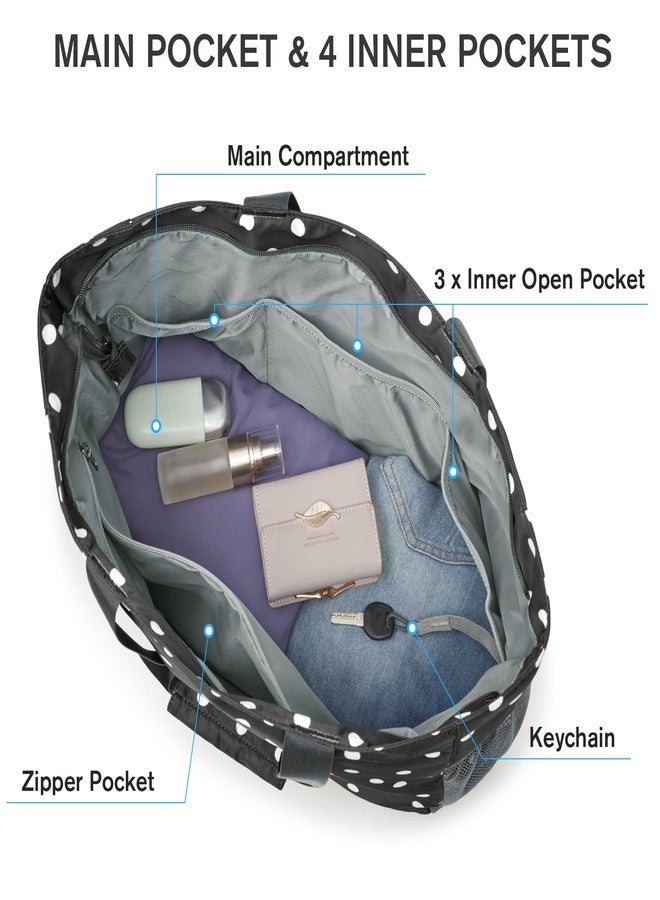 جي4فري حقيبة شاطئ G4Free، حقيبة حمل شاطئية مقاومة للماء والرمل، قابلة للطي بسعة كبيرة للنساء، بنقاط سوداء وبيضاء - Image 5