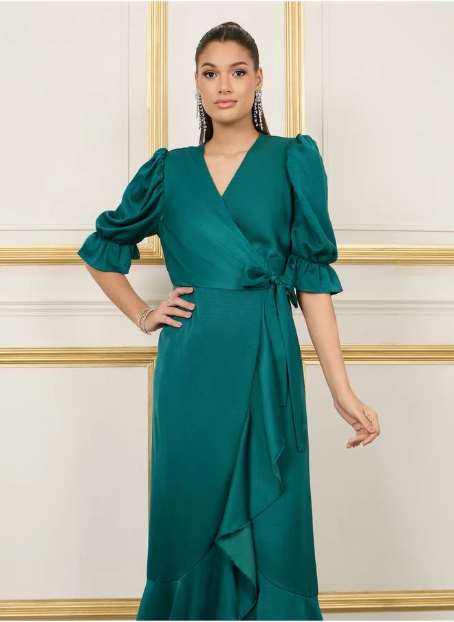 Styli Satin Asymmetric Hem Wrap Maxi Dress