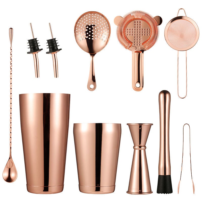 Multicolor Spot 304L Stainless Steel Boston Bartender Practical Cocktail Set 12 Piece Set Rose Chuck Pot Rose Gold 