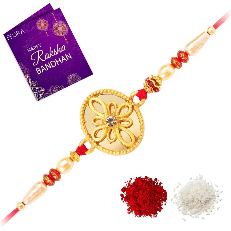 Peora Elegant Gold Rakhi for Brother with Raksha Bandhan Greeting Card & Roli Chawal For Men - Image 1