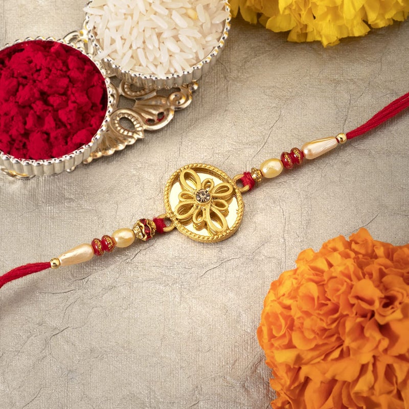 Peora Elegant Gold Rakhi for Brother with Raksha Bandhan Greeting Card & Roli Chawal For Men - Image 2