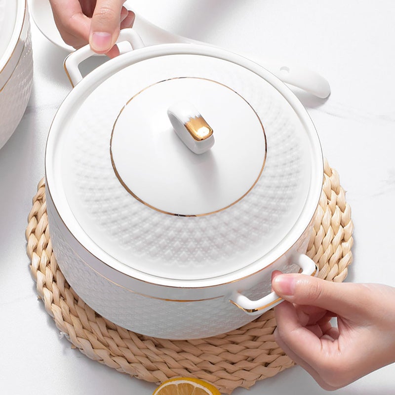 LAAMMIAM White Soup Tureen with Gold Design,Double Handle Soup Serving Bowl with Lid and Spoon Bone China Tableware,1.5L - Image 4