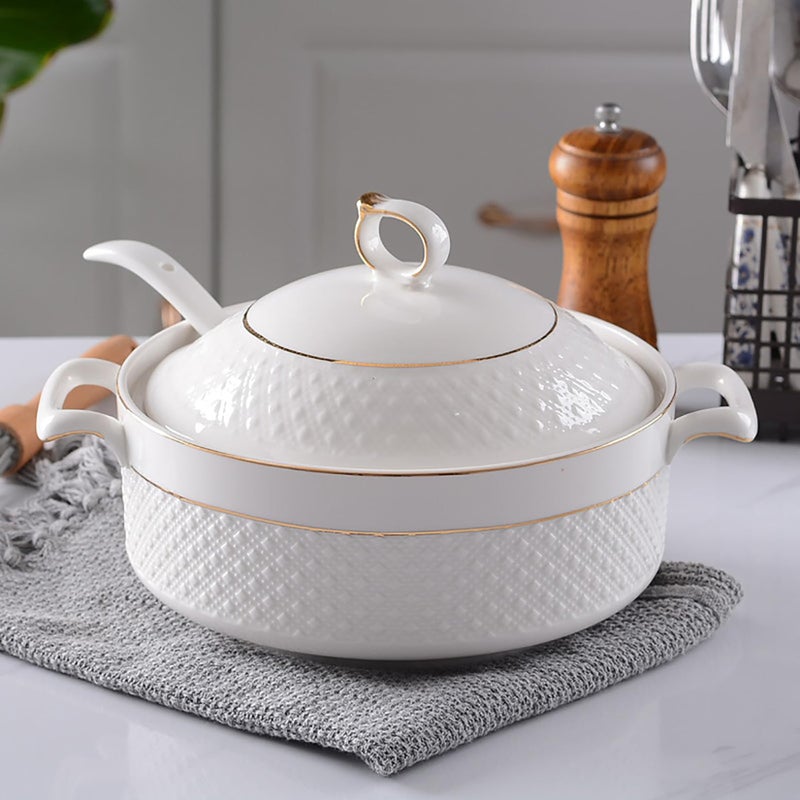 LAAMMIAM White Soup Tureen with Gold Design,Double Handle Soup Serving Bowl with Lid and Spoon Bone China Tableware,1.5L - Image 1