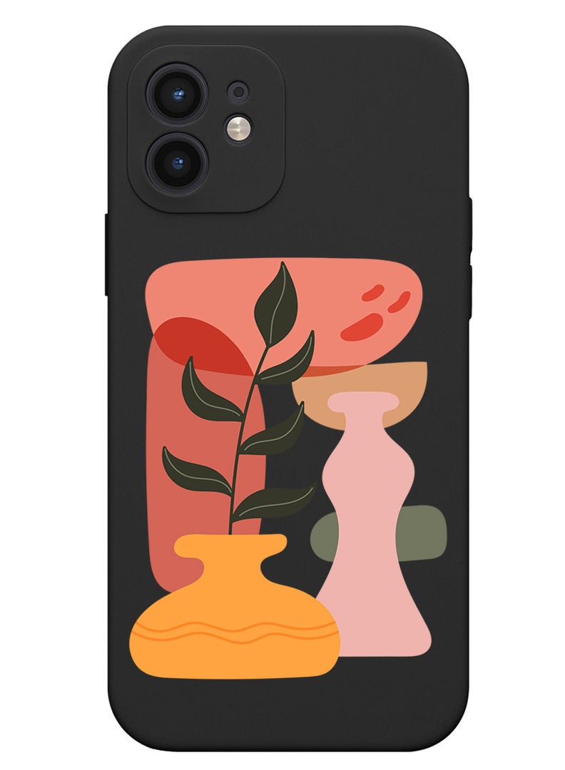 Theodor Protective Slim Fit Case Liquid Silicone Cover with Full Body Protection Anti-Scratch Shockproof Case For iPhone 12 Black  - Vase with Leaf2 - Image 1