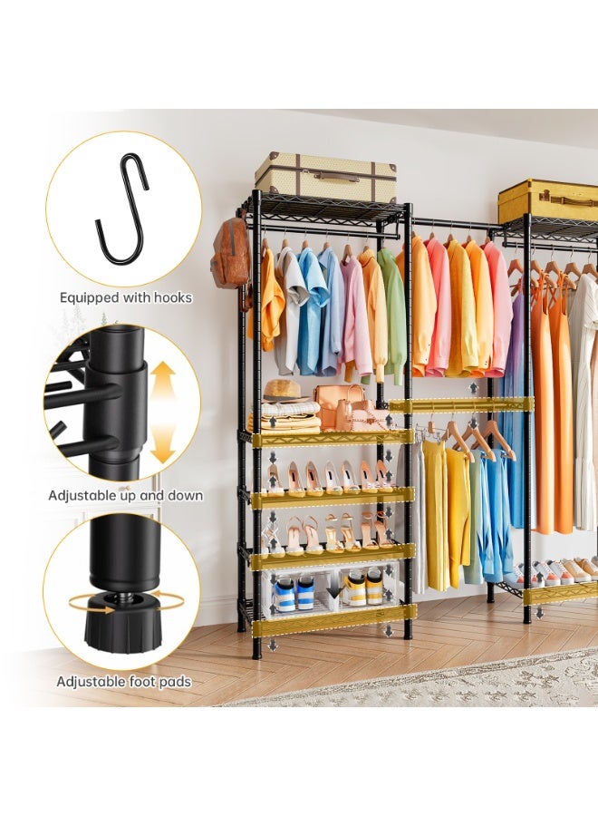 Forthcan Extendable Heavy-Duty Clothes Rack, 170-220×35.5×180cm - Metal Wardrobe Organizer, Independent Clothing Storage System with 6 Shelves and 2 Hanging Bars - Image 4