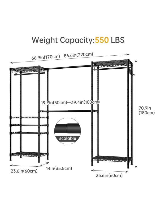 Forthcan Extendable Heavy-Duty Clothes Rack, 170-220×35.5×180cm - Metal Wardrobe Organizer, Independent Clothing Storage System with 6 Shelves and 2 Hanging Bars - Image 2