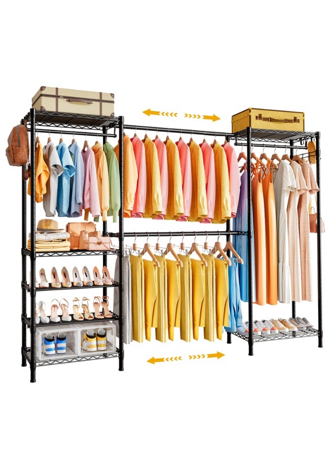 Forthcan Extendable Heavy-Duty Clothes Rack, 170-220×35.5×180cm - Metal Wardrobe Organizer, Independent Clothing Storage System with 6 Shelves and 2 Hanging Bars - Image 1