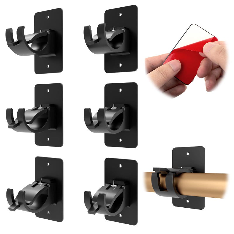 CIEMGNZOC 6-Pack Curtain Bracket Holders, Universal Self-Adhesive Wall Mounts, Fits 0.6'' to 1.5'' Rods, Black - Image 1