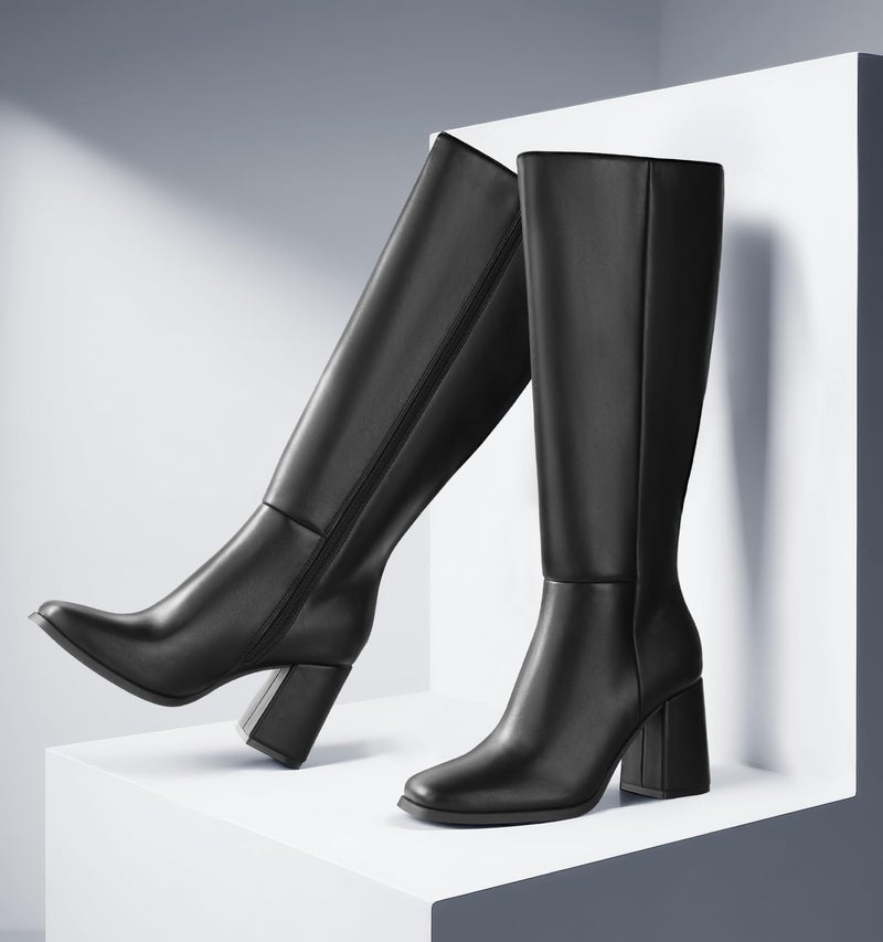 Ankis Knee High Boots for Women Squared Toe Chunky High Heel with Side Zipper Long Boots - Image 4