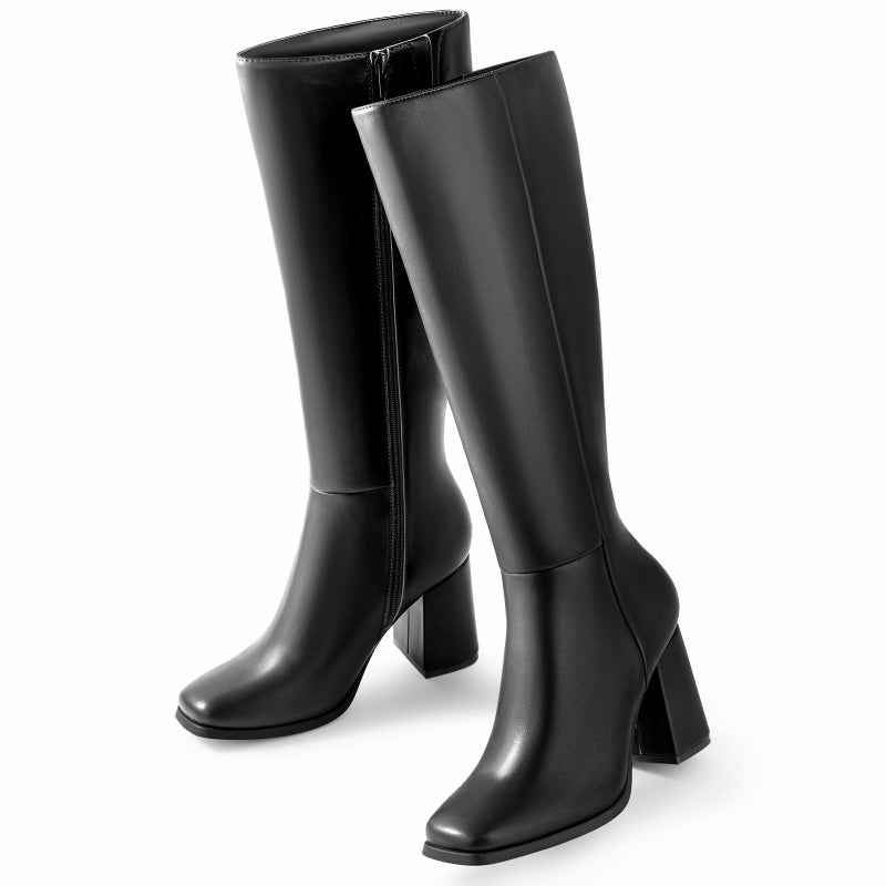Ankis Knee High Boots for Women Squared Toe Chunky High Heel with Side Zipper Long Boots - Image 1