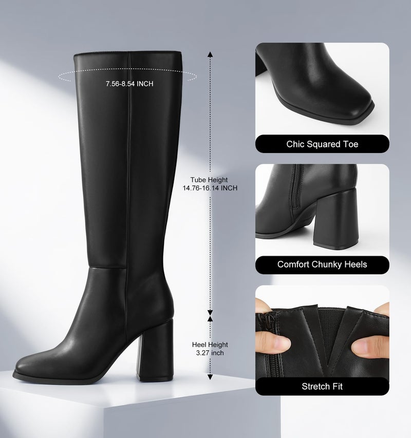 Ankis Knee High Boots for Women Squared Toe Chunky High Heel with Side Zipper Long Boots - Image 5