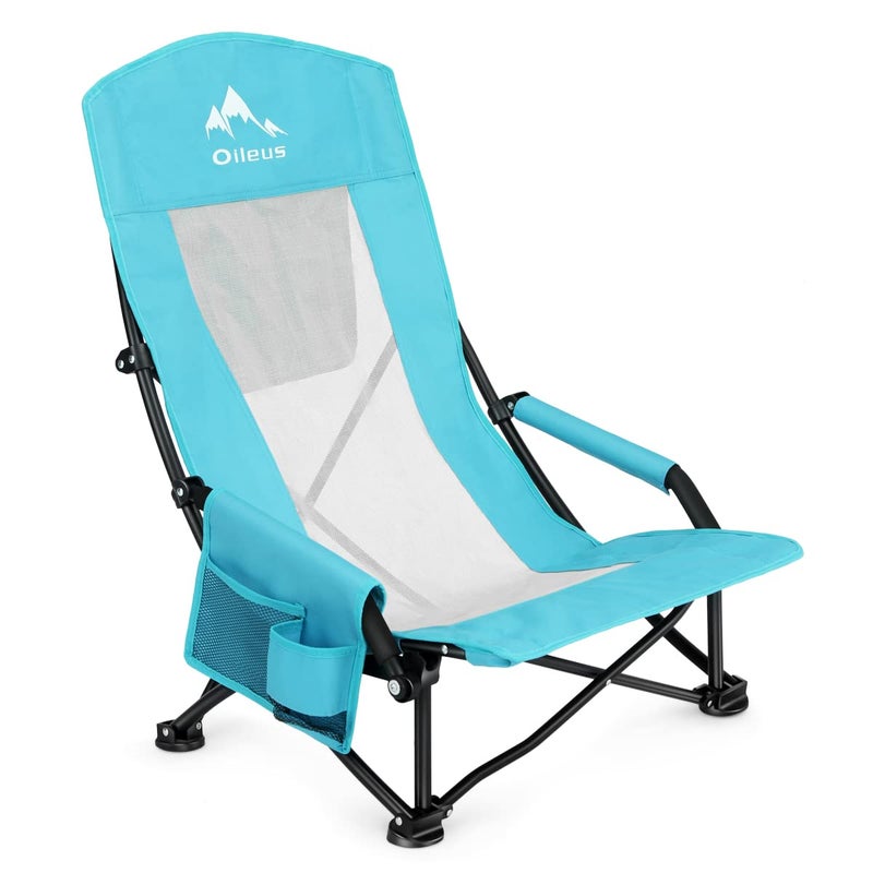 Oileus Folding Portable Beach Chair Lightweight High Back Low Seat for Tent Shelter Camping Full Mesh Back Cup Holder StorageCarry Bag Armrest 1 Pcs