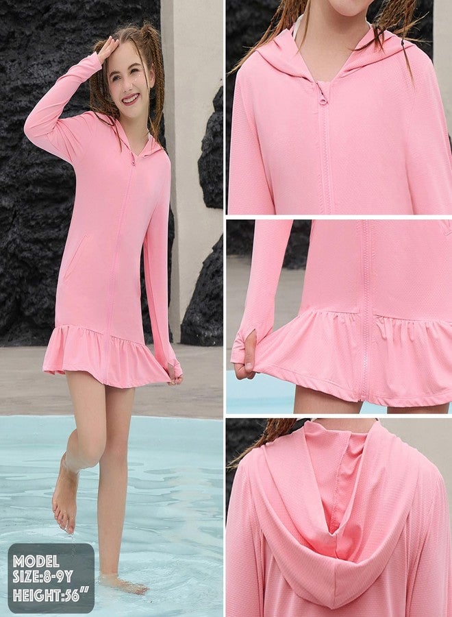 QPANCY Girls UPF 50+ Sun Protection Swim Cover Up Hoodie Dress Pink Long Sleeve Rash Guard Shirt with Full Zip Thumb Holes & Pockets Long Quick Dry Chlorine Resistant Beach Pool Swimsuit Coverup Size 6 7 - Image 5
