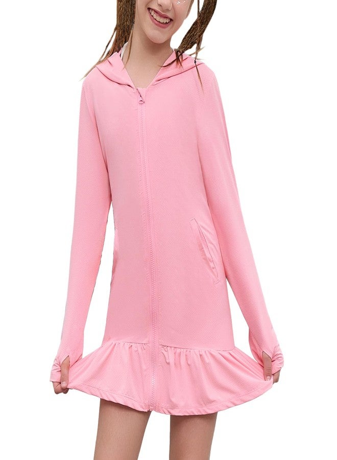 QPANCY Girls UPF 50+ Sun Protection Swim Cover Up Hoodie Dress Pink Long Sleeve Rash Guard Shirt with Full Zip Thumb Holes & Pockets Long Quick Dry Chlorine Resistant Beach Pool Swimsuit Coverup Size 6 7 - Image 1