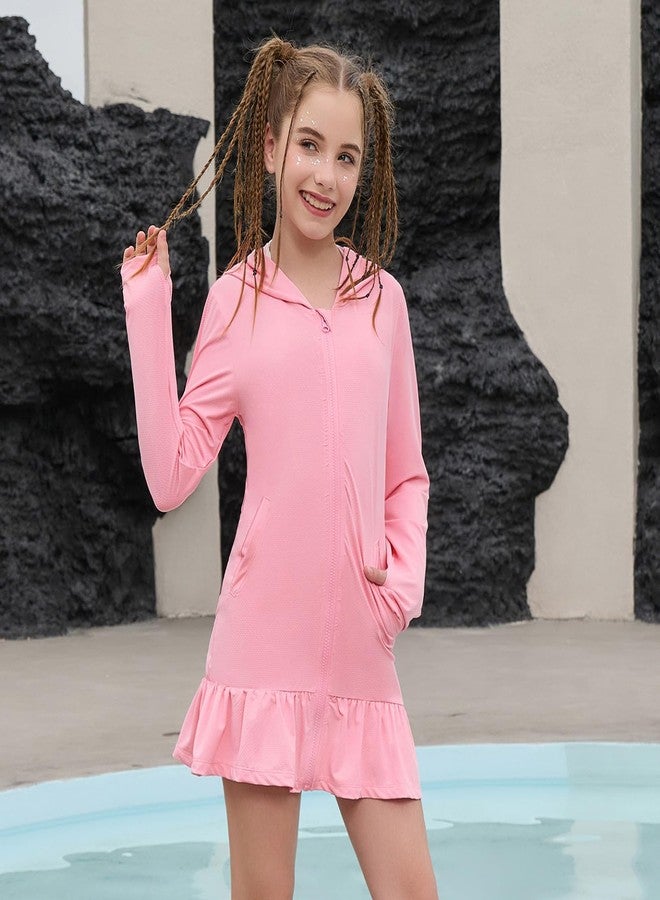 QPANCY Girls UPF 50+ Sun Protection Swim Cover Up Hoodie Dress Pink Long Sleeve Rash Guard Shirt with Full Zip Thumb Holes & Pockets Long Quick Dry Chlorine Resistant Beach Pool Swimsuit Coverup Size 6 7 - Image 2