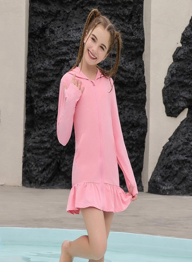 QPANCY Girls UPF 50+ Sun Protection Swim Cover Up Hoodie Dress Pink Long Sleeve Rash Guard Shirt with Full Zip Thumb Holes & Pockets Long Quick Dry Chlorine Resistant Beach Pool Swimsuit Coverup Size 6 7 - Image 3