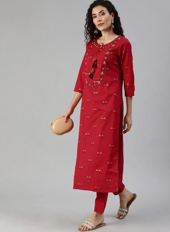 ISHIN Women's Red Rayon Embroidered Tunic Full Length Straight Fit Kurta