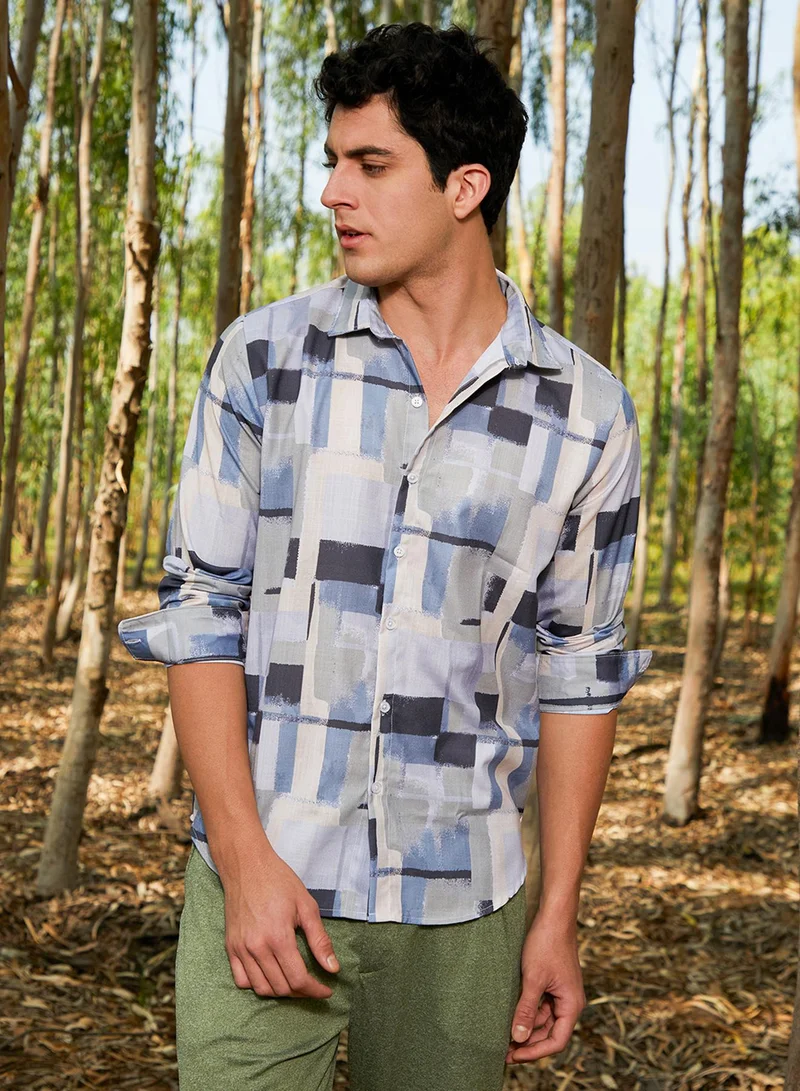 Campus Sutra Campus Sutra Men's Icy Blue & Cloud Grey Cubic-Overlap Shirt For Casual Wear | Spread Collar | Long Cuffed Sleeves | Button Closure | Shirt Crafted With Comfort Fit For Everyday Wear