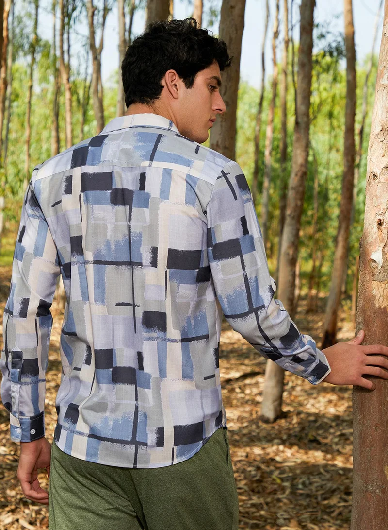 Campus Sutra Campus Sutra Men's Icy Blue & Cloud Grey Cubic-Overlap Shirt For Casual Wear | Spread Collar | Long Cuffed Sleeves | Button Closure | Shirt Crafted With Comfort Fit For Everyday Wear