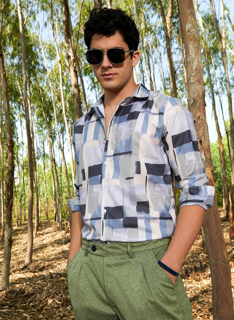 Campus Sutra Campus Sutra Men's Icy Blue & Cloud Grey Cubic-Overlap Shirt For Casual Wear | Spread Collar | Long Cuffed Sleeves | Button Closure | Shirt Crafted With Comfort Fit For Everyday Wear
