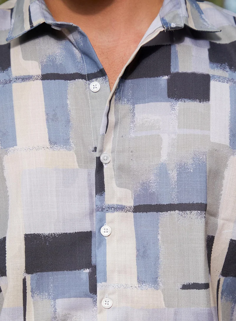 Campus Sutra Campus Sutra Men's Icy Blue & Cloud Grey Cubic-Overlap Shirt For Casual Wear | Spread Collar | Long Cuffed Sleeves | Button Closure | Shirt Crafted With Comfort Fit For Everyday Wear