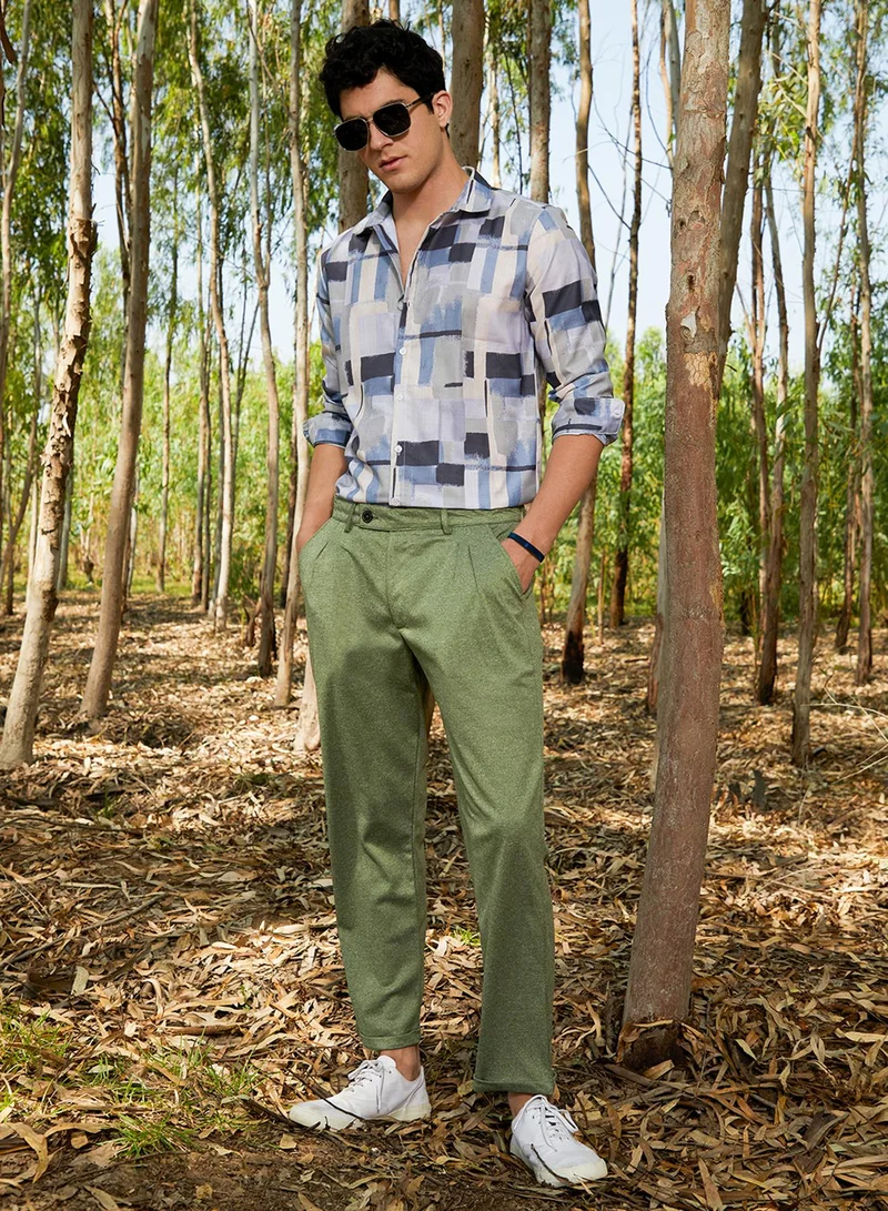 Campus Sutra Campus Sutra Men's Icy Blue & Cloud Grey Cubic-Overlap Shirt For Casual Wear | Spread Collar | Long Cuffed Sleeves | Button Closure | Shirt Crafted With Comfort Fit For Everyday Wear