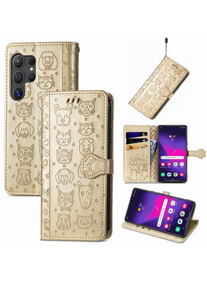 اس-توب جراب لهاتف Samsung Galaxy S24 Ultra 5G جراب هاتف من الجلد المنقوش عليه صورة قطة وكلب - Image 1